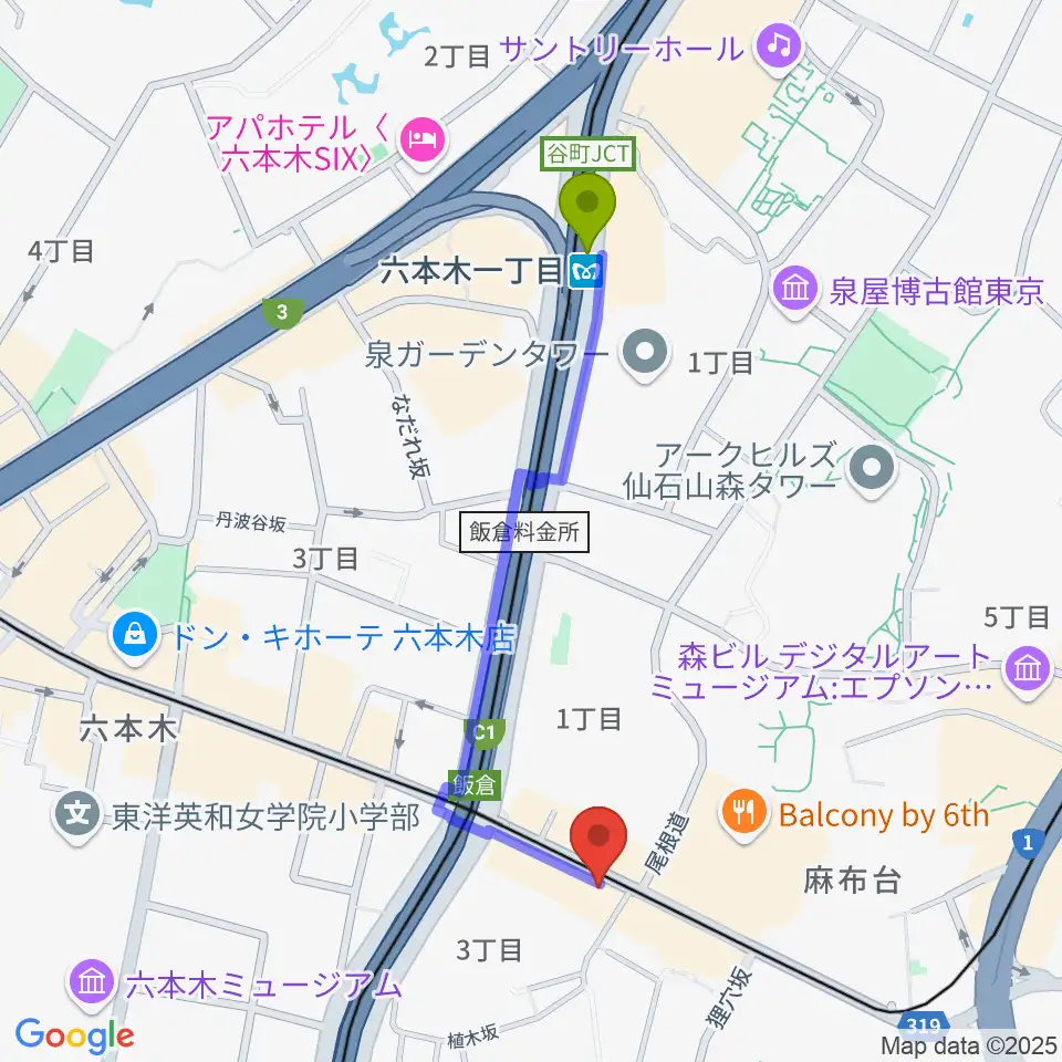 六本木CUBEの最寄駅六本木一丁目駅からの徒歩ルート（約9分）地図
