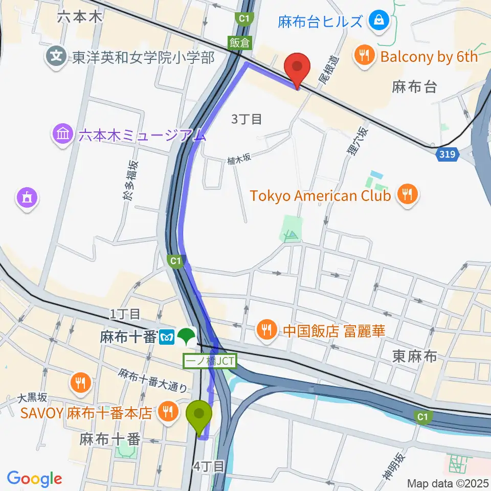 麻布十番駅から六本木CUBEへのルートマップ地図