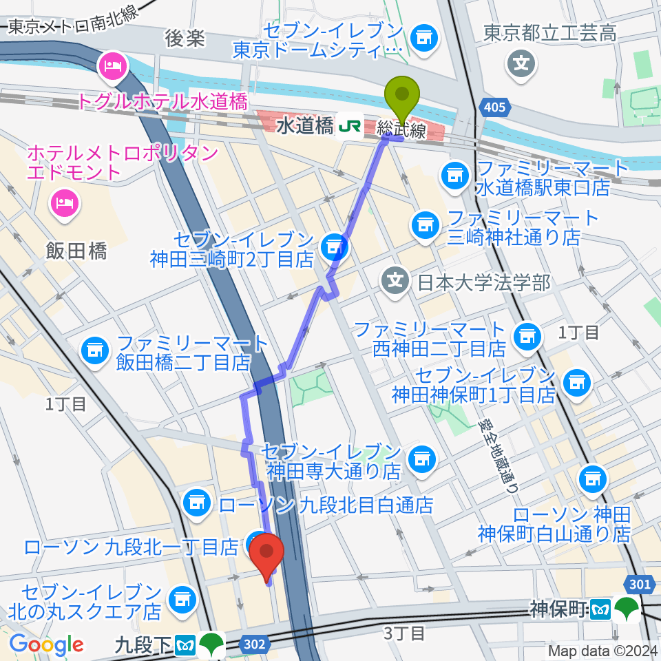 水道橋駅から美ら音工房ヨーゼフ 東京店へのルートマップ地図