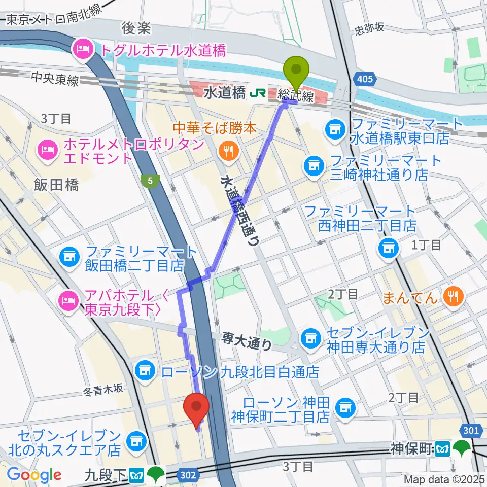 水道橋駅から美ら音工房ヨーゼフ 東京店へのルートマップ地図