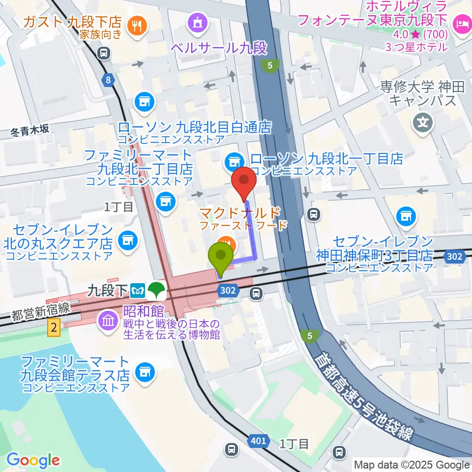 美ら音工房ヨーゼフ 東京店の最寄駅九段下駅からの徒歩ルート（約1分）地図