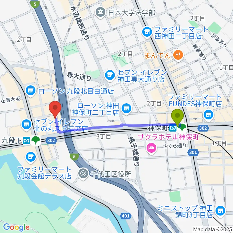 神保町駅から美ら音工房ヨーゼフ 東京店へのルートマップ地図