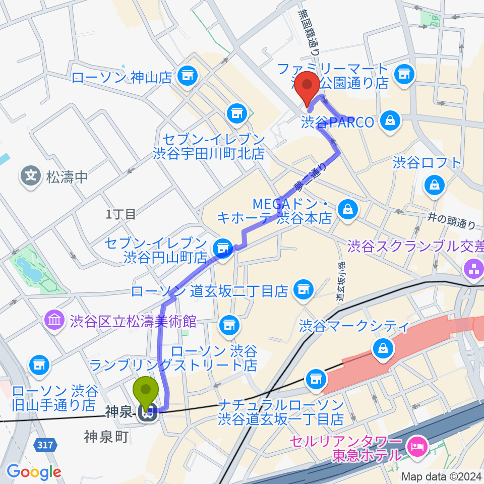 神泉駅から渋谷JUMPへのルートマップ地図