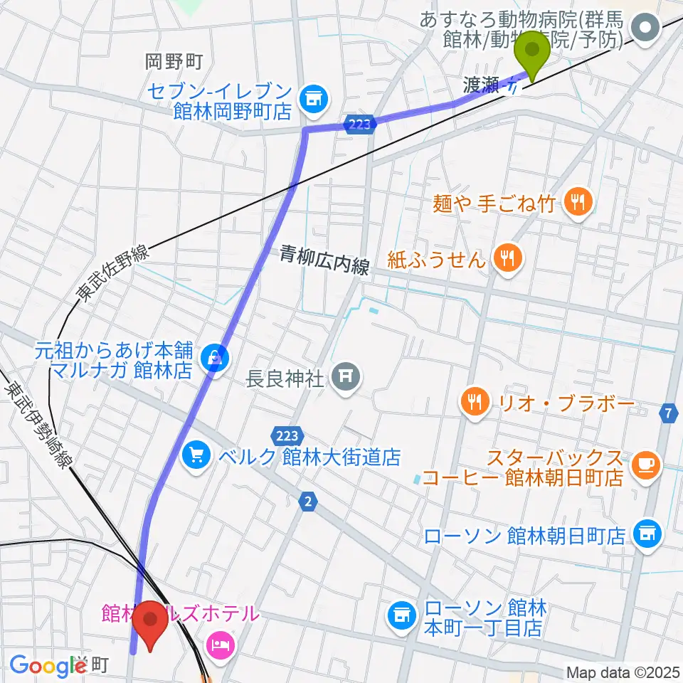 渡瀬駅から文右衛門ホールへのルートマップ地図