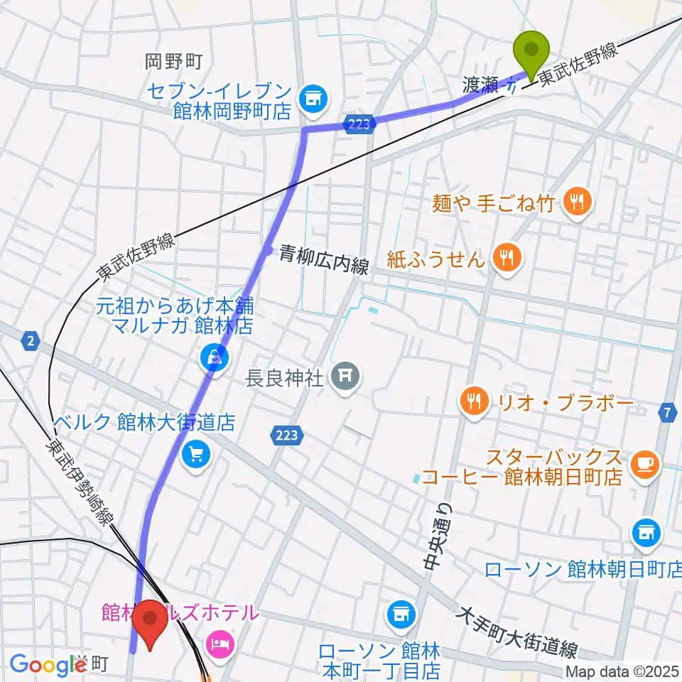 渡瀬駅から文右衛門ホールへのルートマップ地図