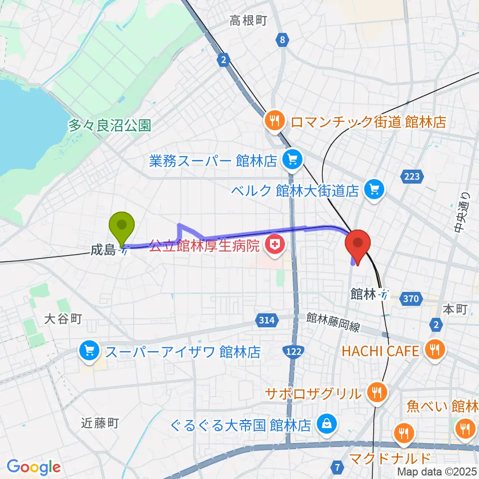 成島駅から文右衛門ホールへのルートマップ地図
