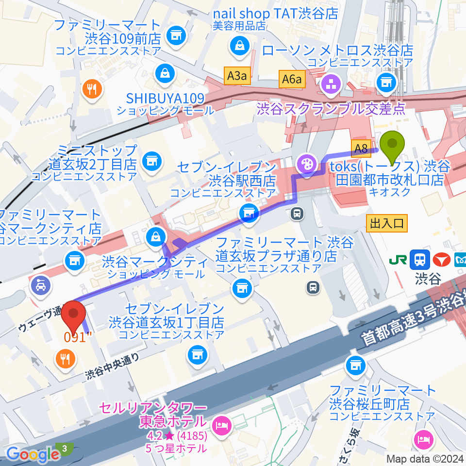 渋谷La.mama (ラママ)の最寄駅渋谷駅からの徒歩ルート（約6分）地図