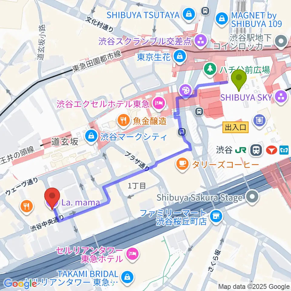 渋谷La.mamaの最寄駅渋谷駅からの徒歩ルート（約6分）地図