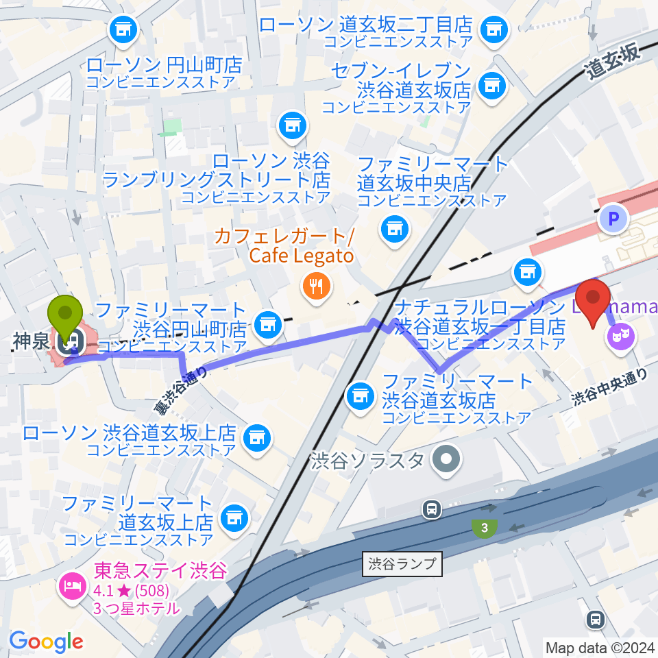 神泉駅から渋谷La.mama (ラママ)へのルートマップ地図