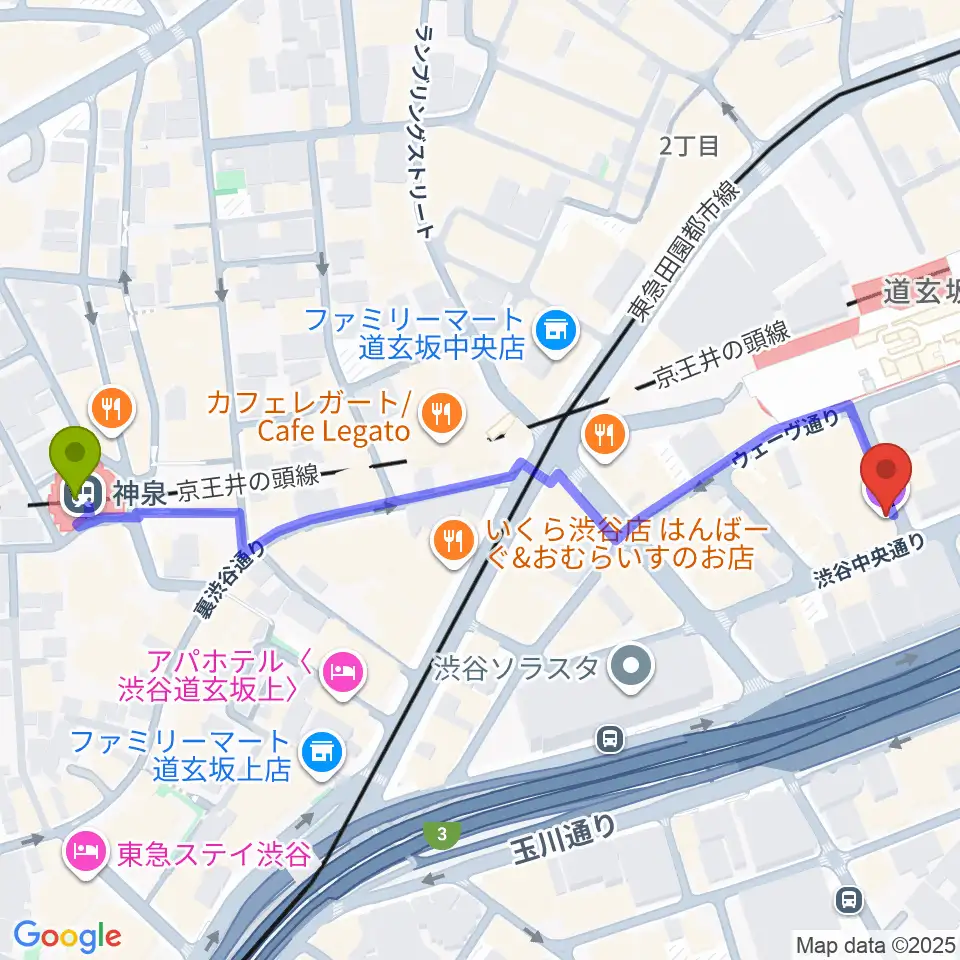 神泉駅から渋谷La.mamaへのルートマップ地図