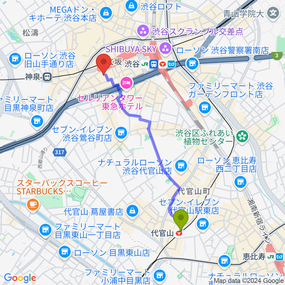 代官山駅から渋谷La.mama (ラママ)へのルートマップ地図