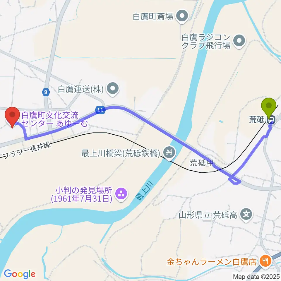 荒砥駅から白鷹町文化交流センターあゆーむへのルートマップ地図