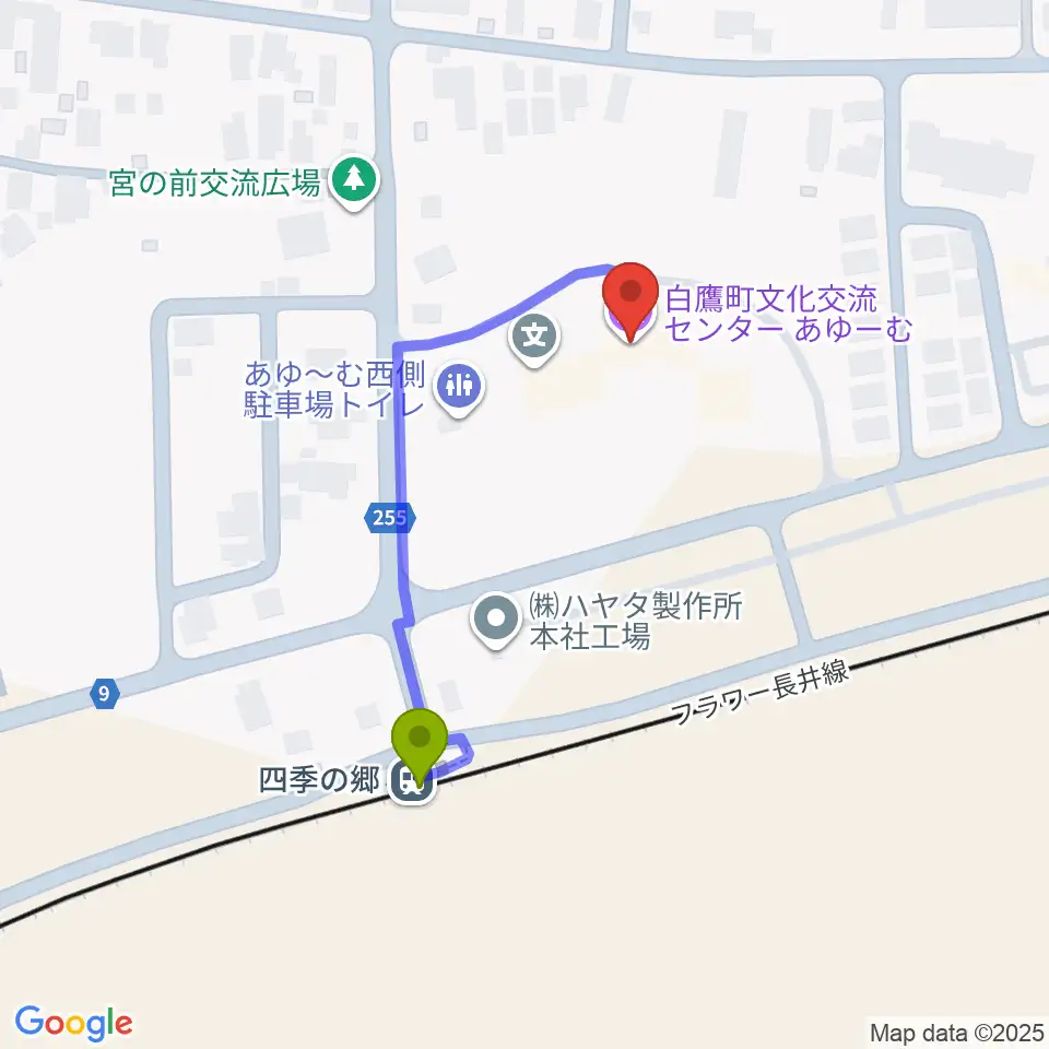 白鷹町文化交流センターあゆーむの最寄駅四季の郷駅からの徒歩ルート（約4分）地図