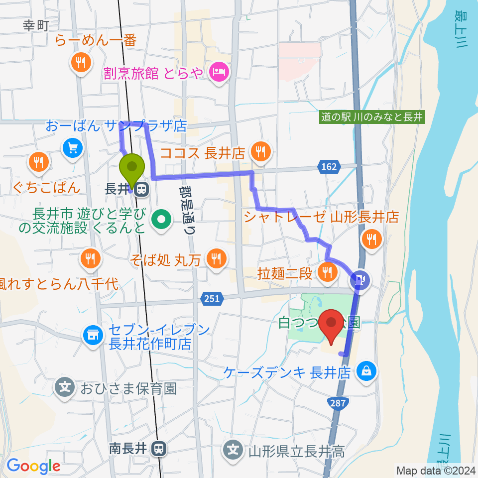 長井駅から長井市民文化会館へのルートマップ地図