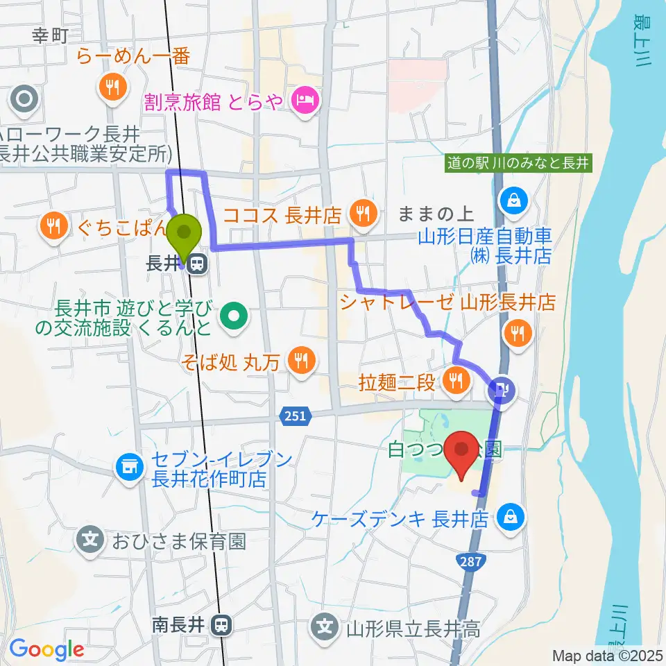 長井駅から長井市民文化会館へのルートマップ地図