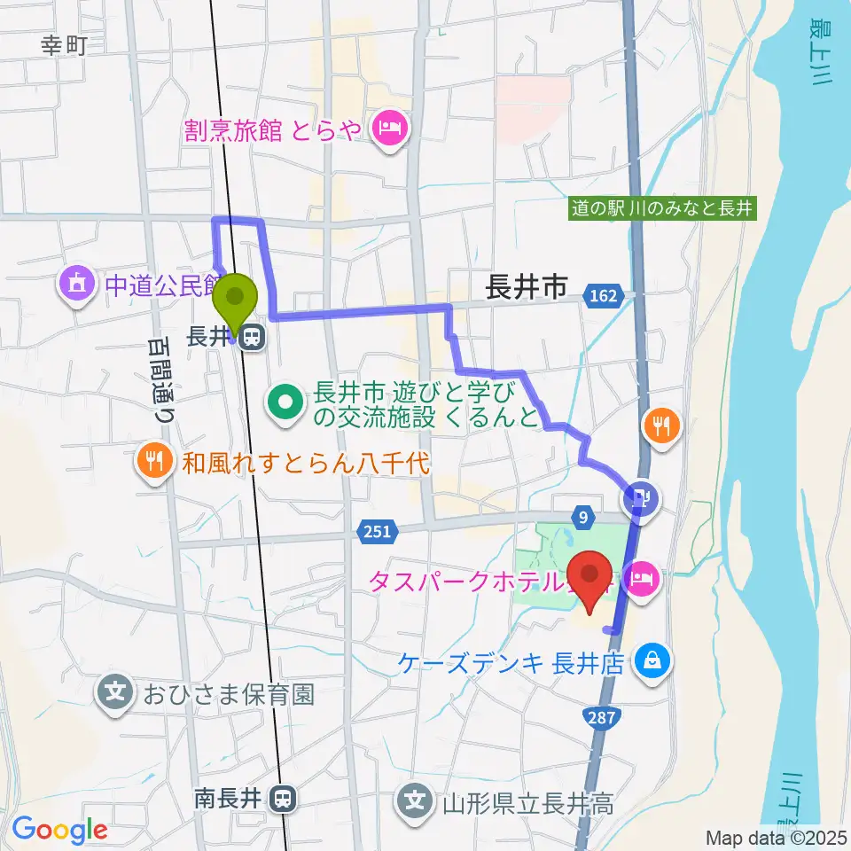 長井駅から長井市民文化会館へのルートマップ地図