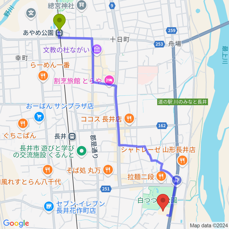 あやめ公園駅から長井市民文化会館へのルートマップ地図