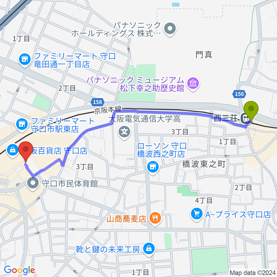 西三荘駅から守口文化センター・エナジーホールへのルートマップ地図