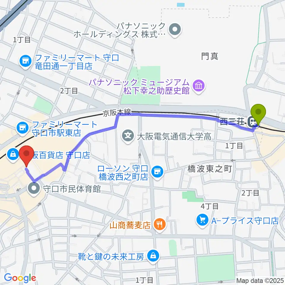 西三荘駅から守口文化センター・エナジーホールへのルートマップ地図