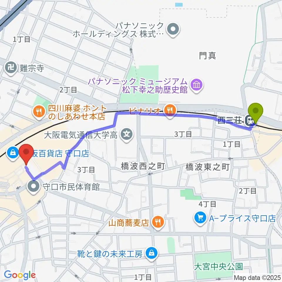 西三荘駅から守口文化センター・エナジーホールへのルートマップ地図