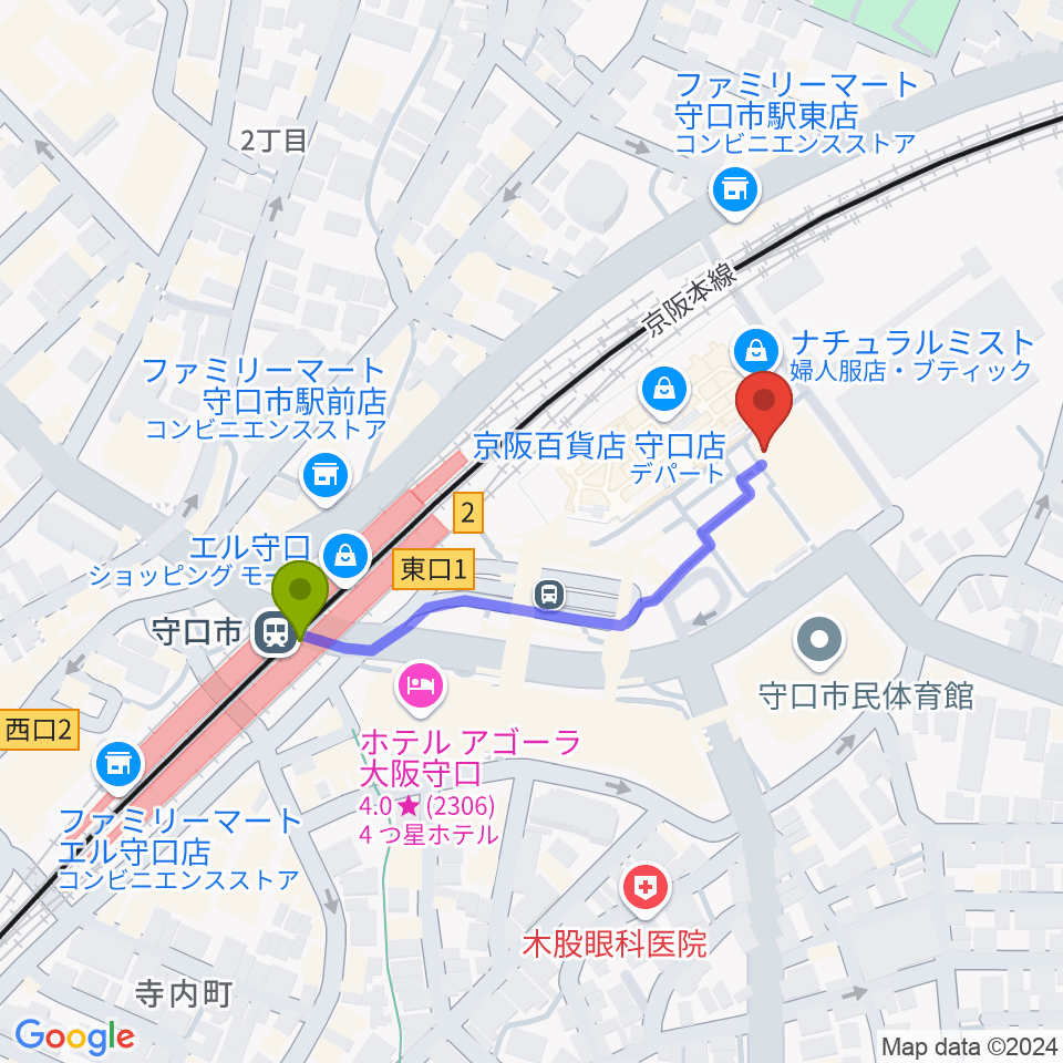 守口文化センター・エナジーホールの最寄駅守口市駅からの徒歩ルート（約4分）地図