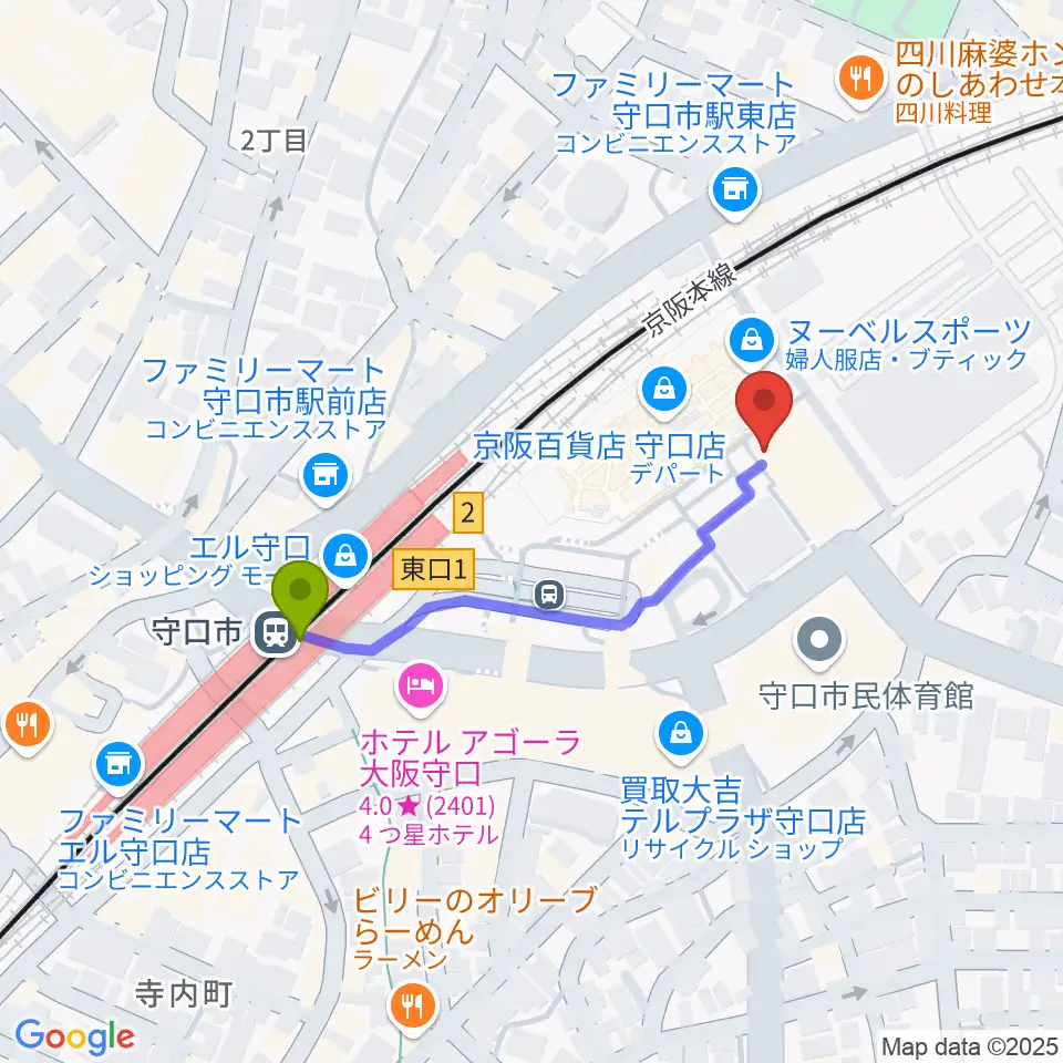 守口文化センター・エナジーホールの最寄駅守口市駅からの徒歩ルート（約4分）地図