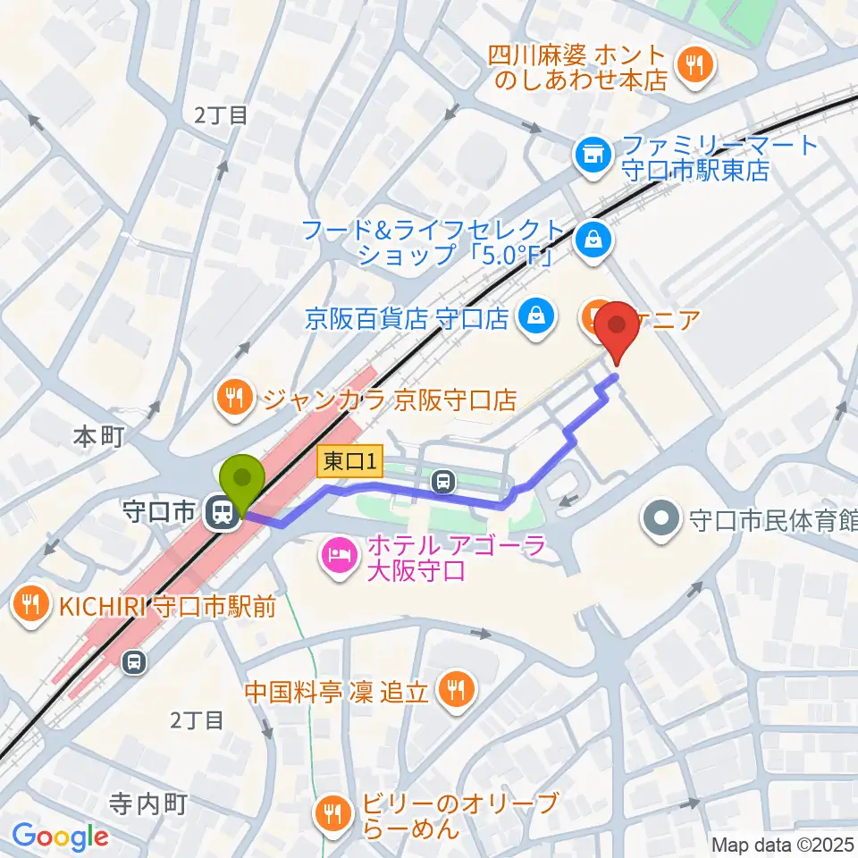 守口文化センター・エナジーホールの最寄駅守口市駅からの徒歩ルート（約4分）地図