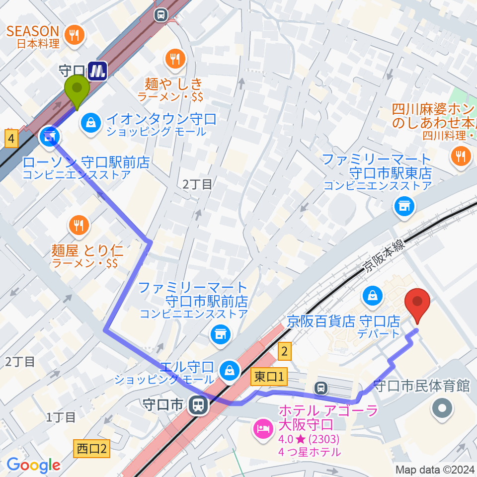 守口駅から守口文化センター・エナジーホールへのルートマップ地図