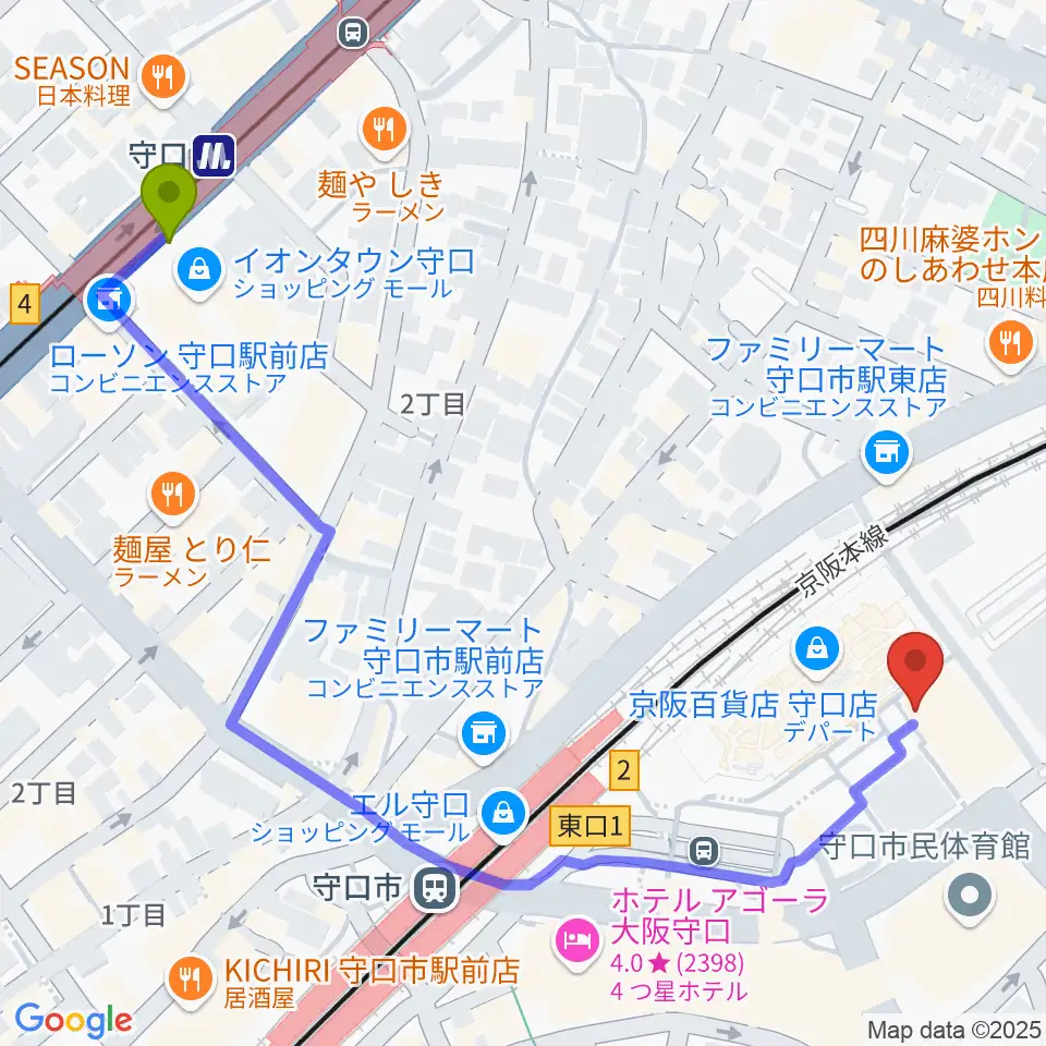 守口駅から守口文化センター・エナジーホールへのルートマップ地図