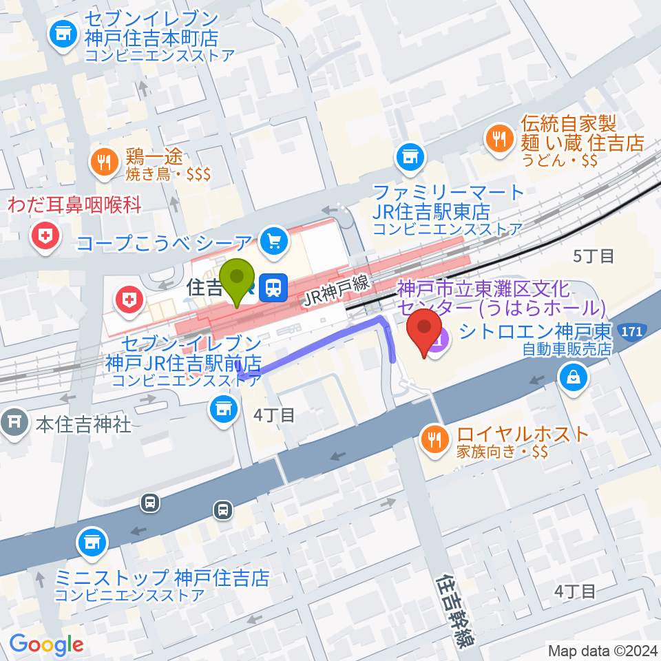 東灘区文化センター うはらホールの最寄駅住吉駅からの徒歩ルート（約2分）地図