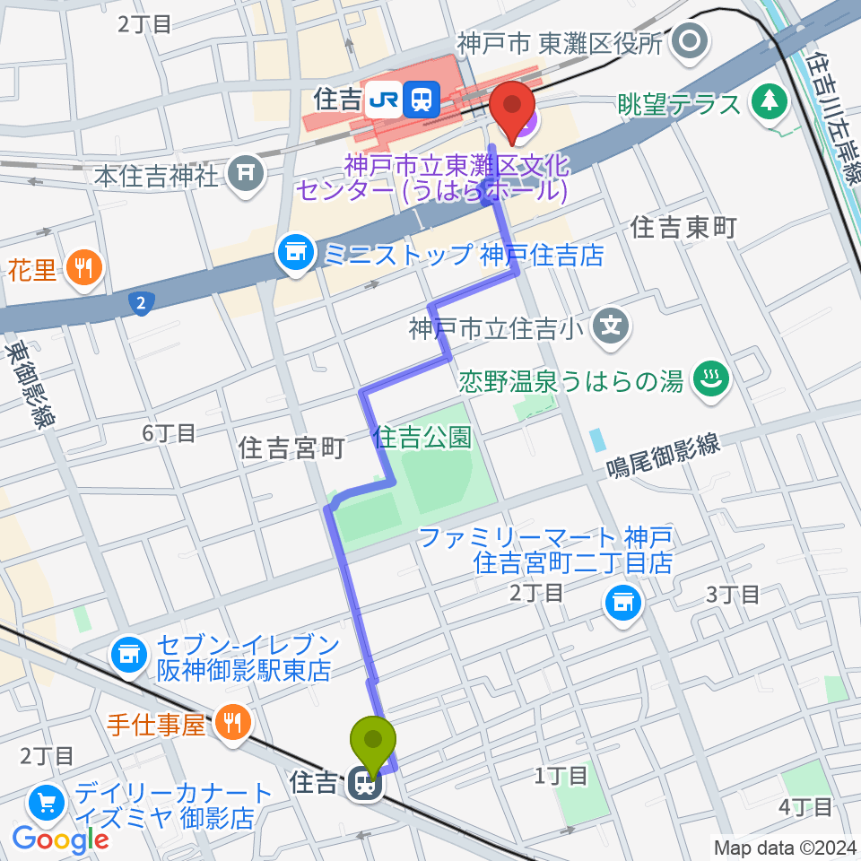 住吉駅から東灘区文化センター うはらホールへのルートマップ地図