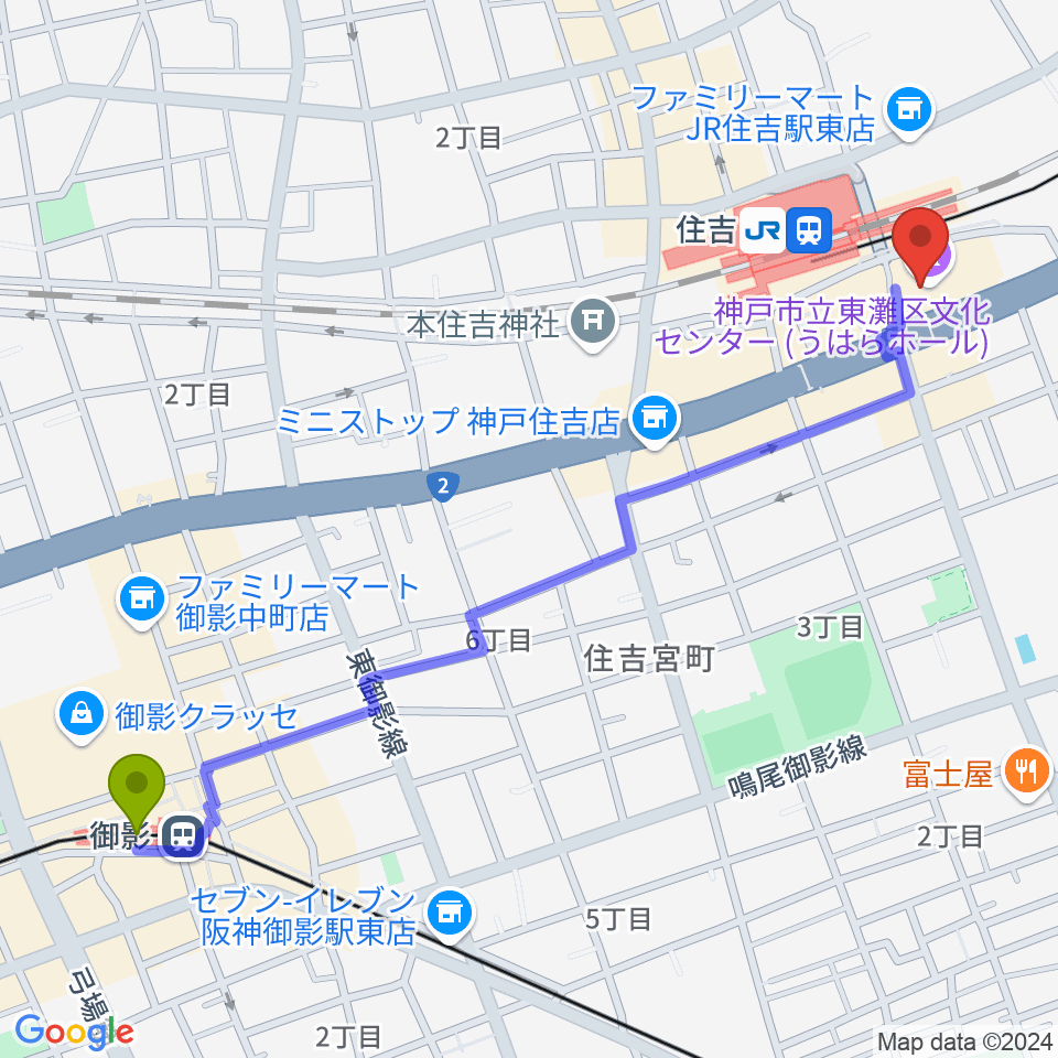 御影駅から東灘区文化センター うはらホールへのルートマップ地図