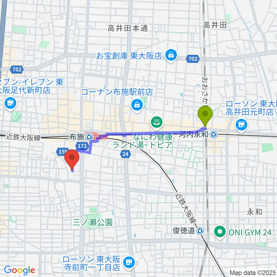 ＪＲ河内永和駅からエジプトレコーズへのルートマップ地図