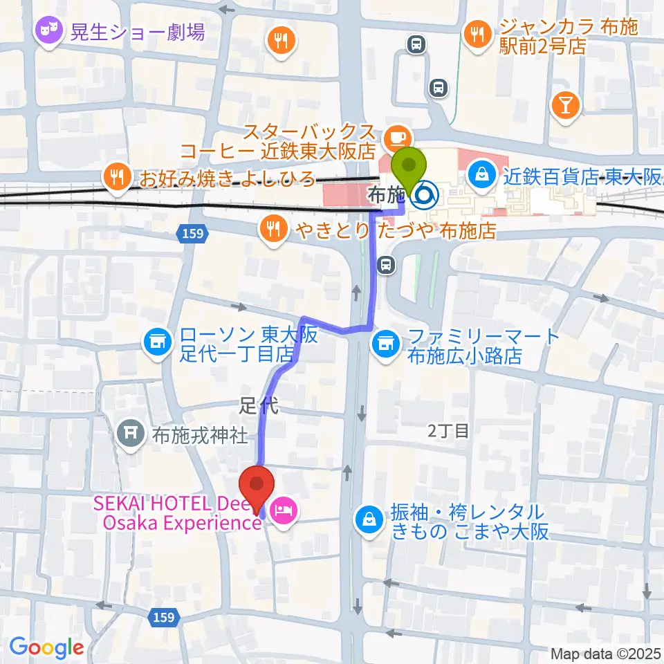 布施駅からエジプトレコーズへのルートマップ地図
