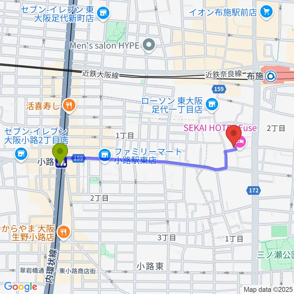 小路駅からエジプトレコーズへのルートマップ地図