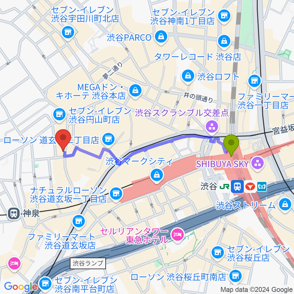 渋谷駅から渋谷clubasiaへのルートマップ地図