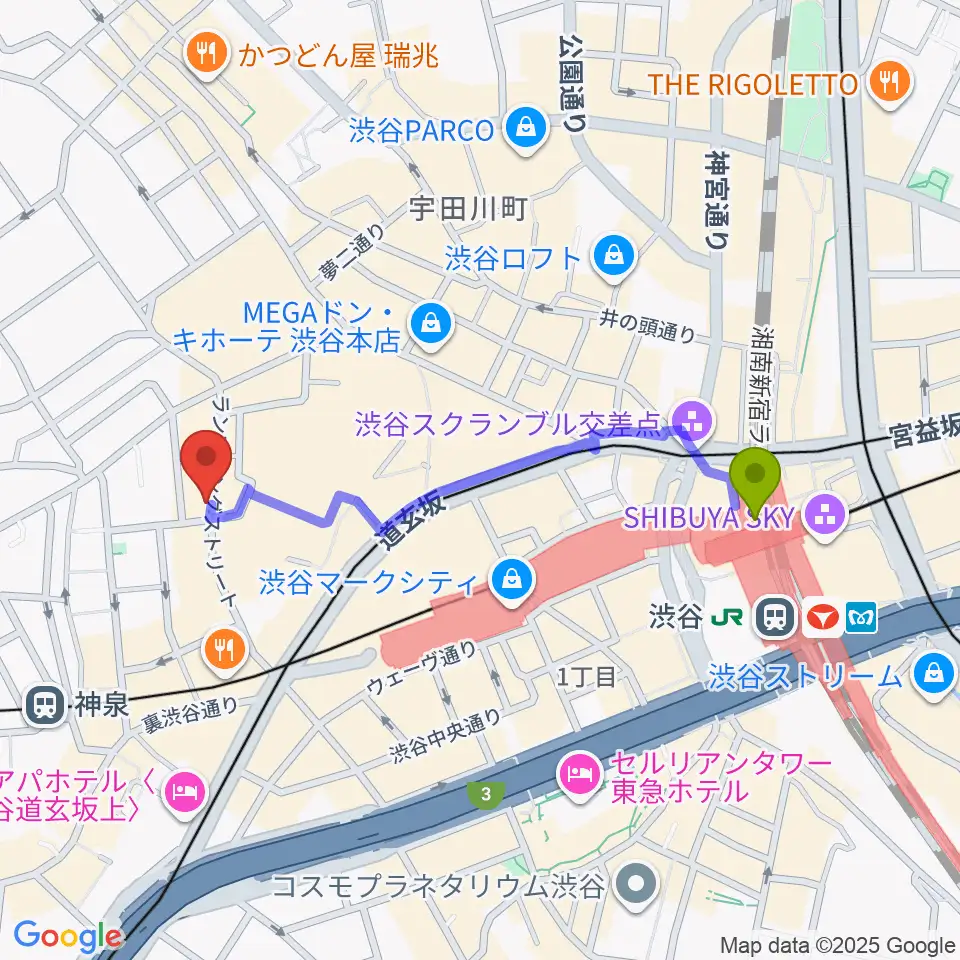 渋谷駅から渋谷clubasiaへのルートマップ地図