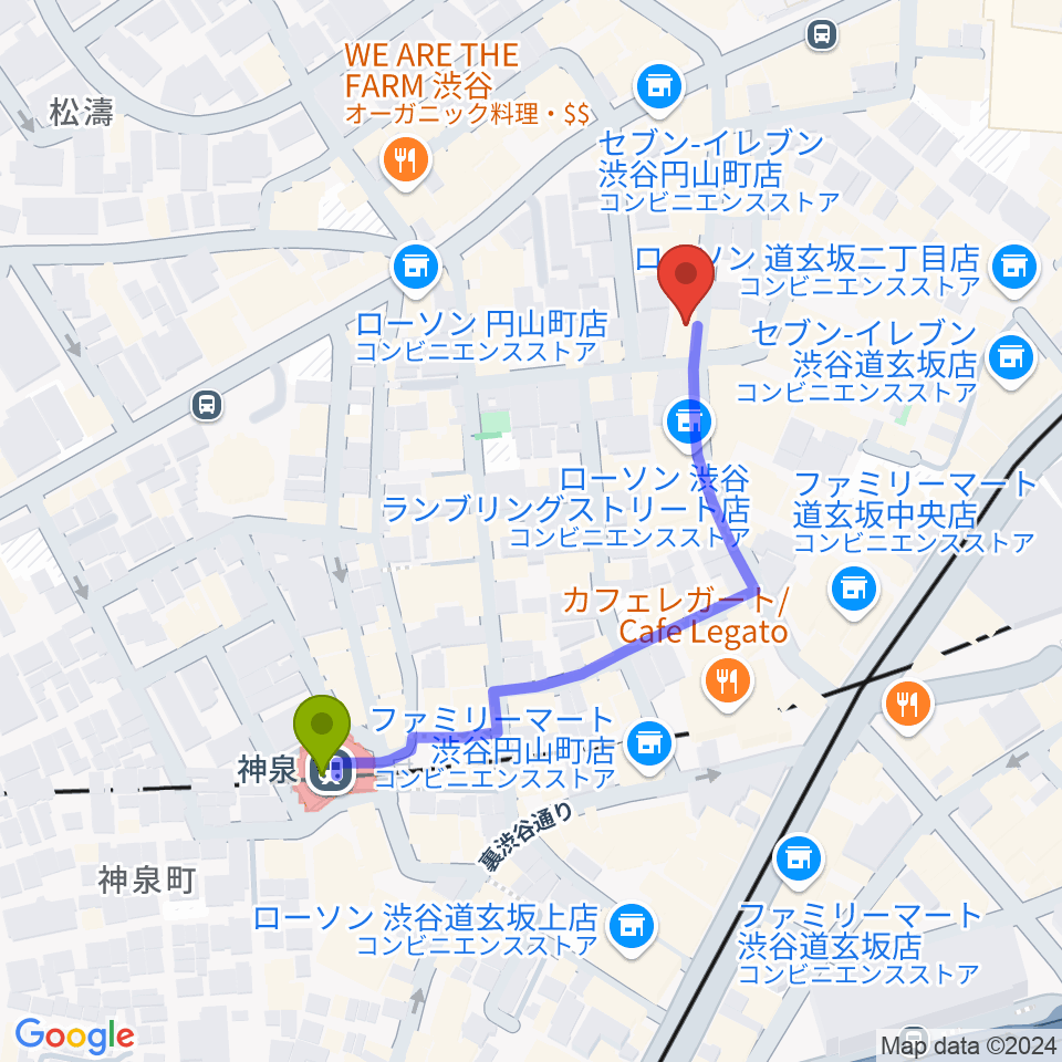 渋谷clubasiaの最寄駅神泉駅からの徒歩ルート（約4分）地図