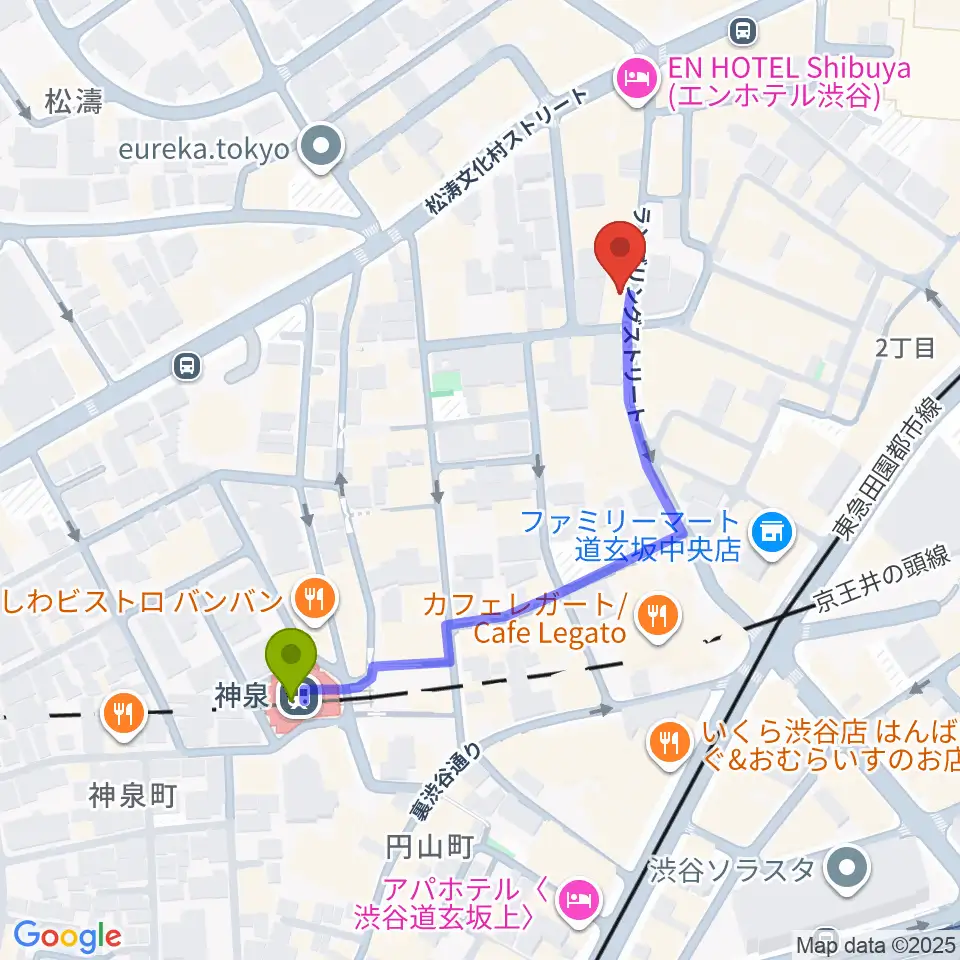 渋谷clubasiaの最寄駅神泉駅からの徒歩ルート（約4分）地図