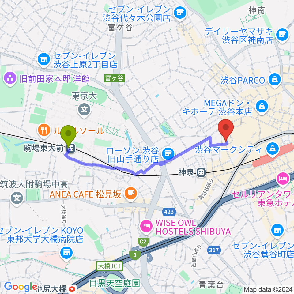 駒場東大前駅から渋谷clubasiaへのルートマップ地図