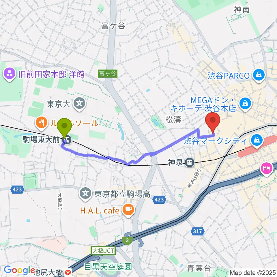 駒場東大前駅から渋谷clubasiaへのルートマップ地図
