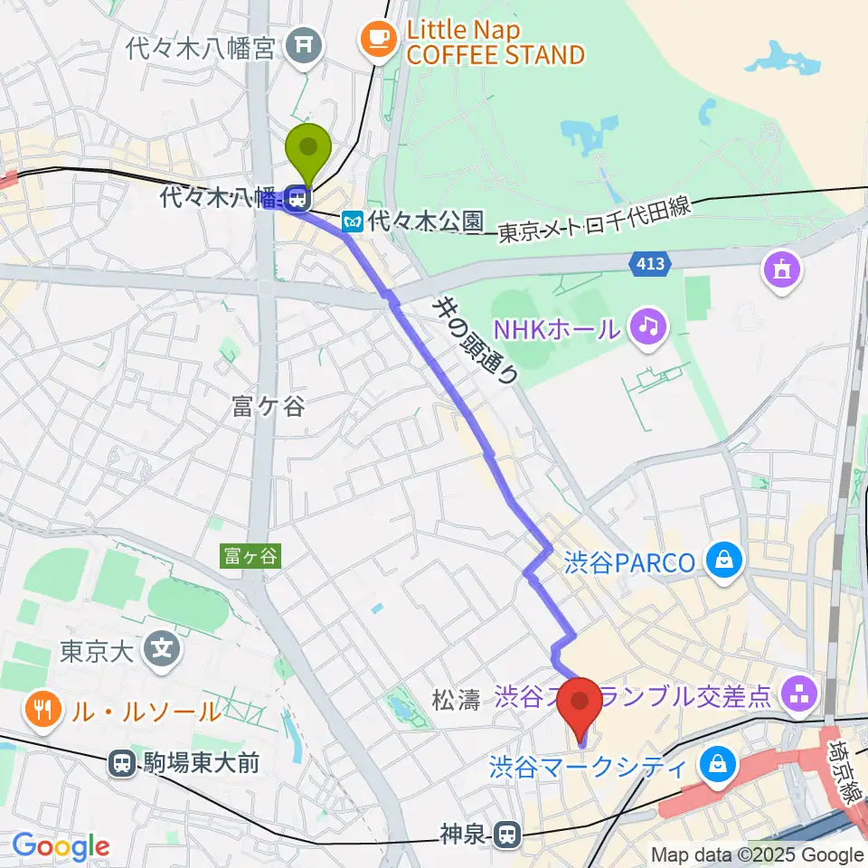 代々木八幡駅から渋谷clubasiaへのルートマップ地図