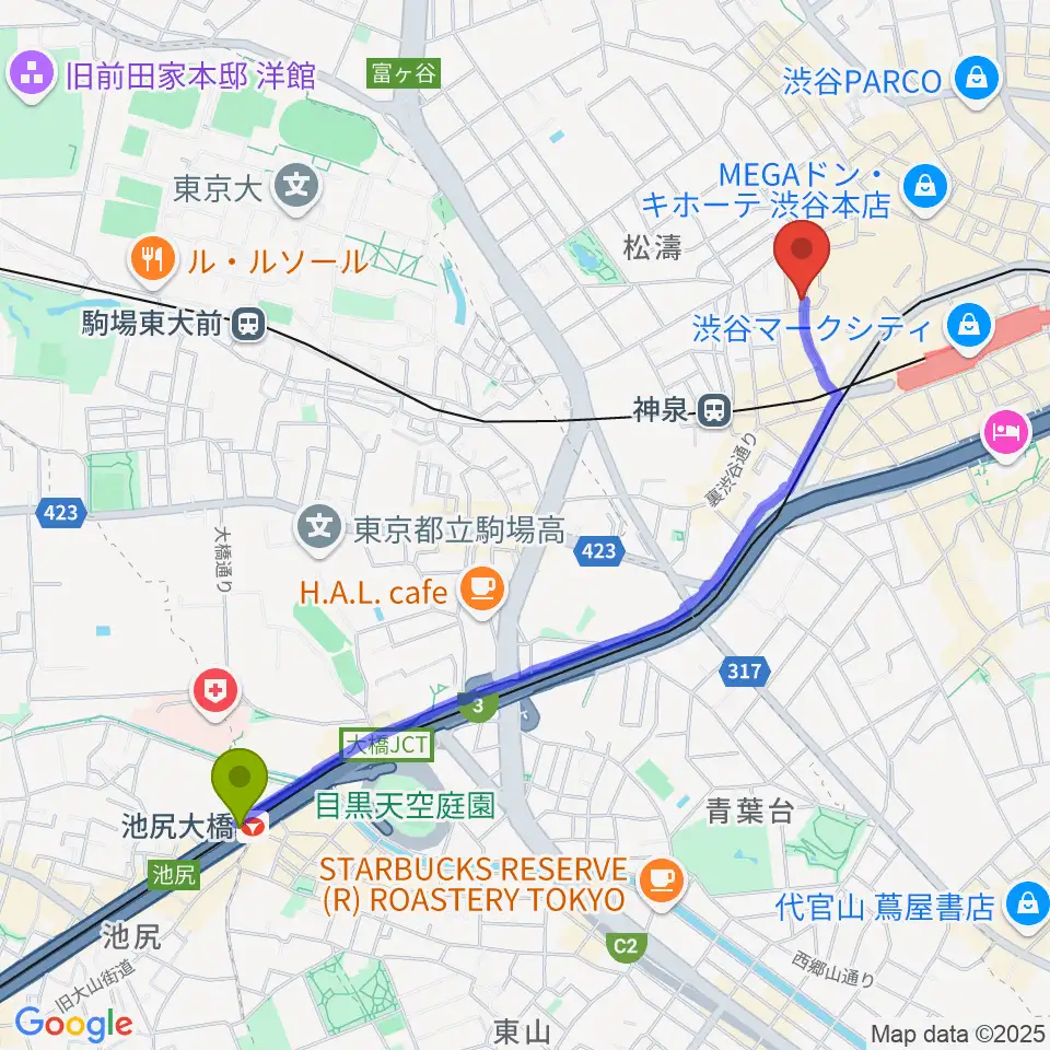 池尻大橋駅から渋谷clubasiaへのルートマップ地図