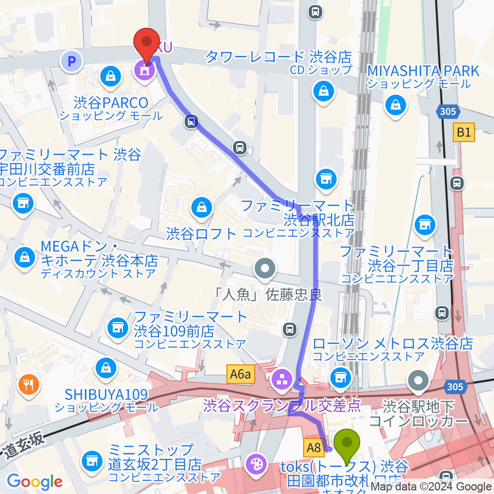 渋谷クアトロラボの最寄駅渋谷駅からの徒歩ルート（約7分）地図