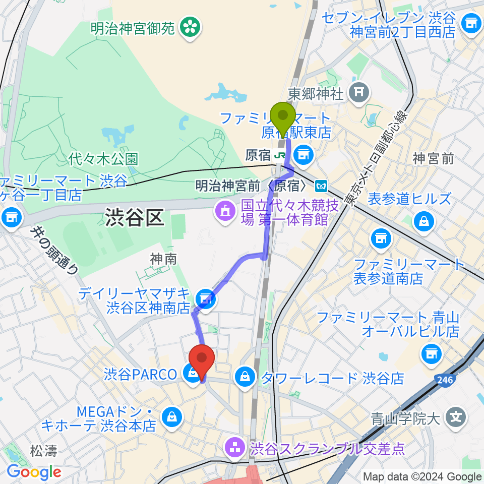 原宿駅から渋谷クアトロラボへのルートマップ地図