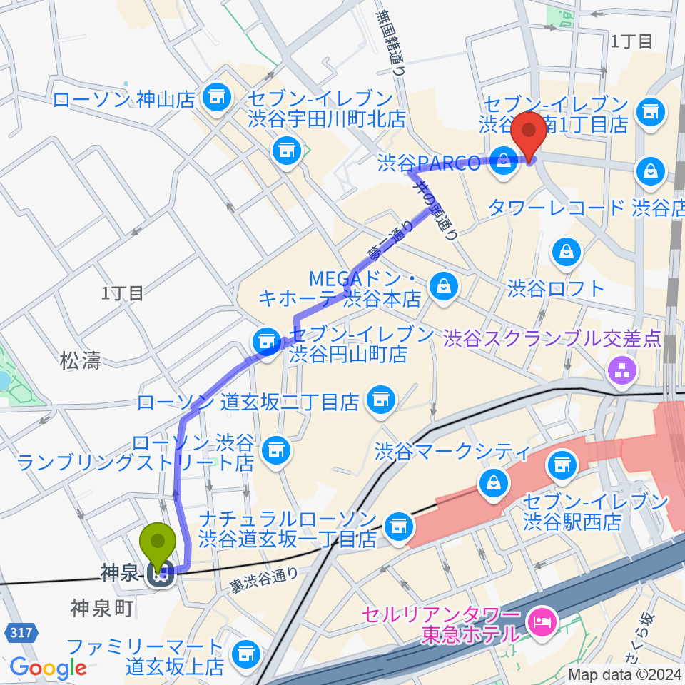 神泉駅から渋谷クアトロラボへのルートマップ地図