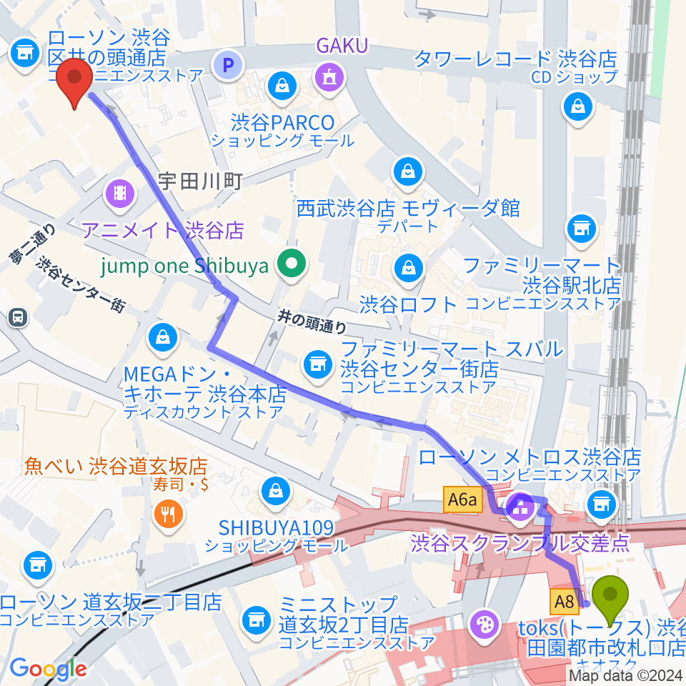 HMV record shop 渋谷の最寄駅渋谷駅からの徒歩ルート（約8分）地図