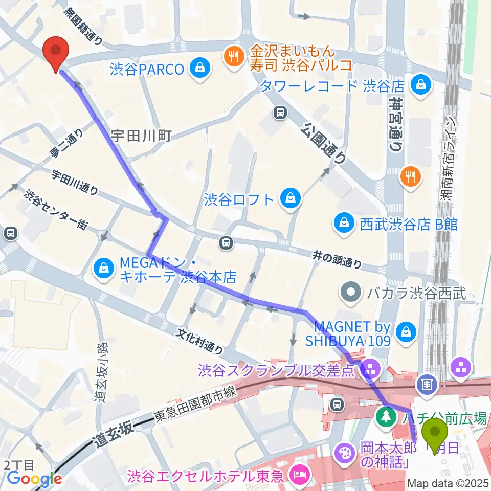 HMV record shop 渋谷の最寄駅渋谷駅からの徒歩ルート（約8分）地図