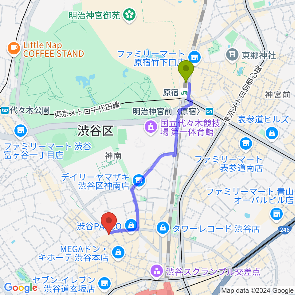 原宿駅からHMV record shop 渋谷へのルートマップ地図