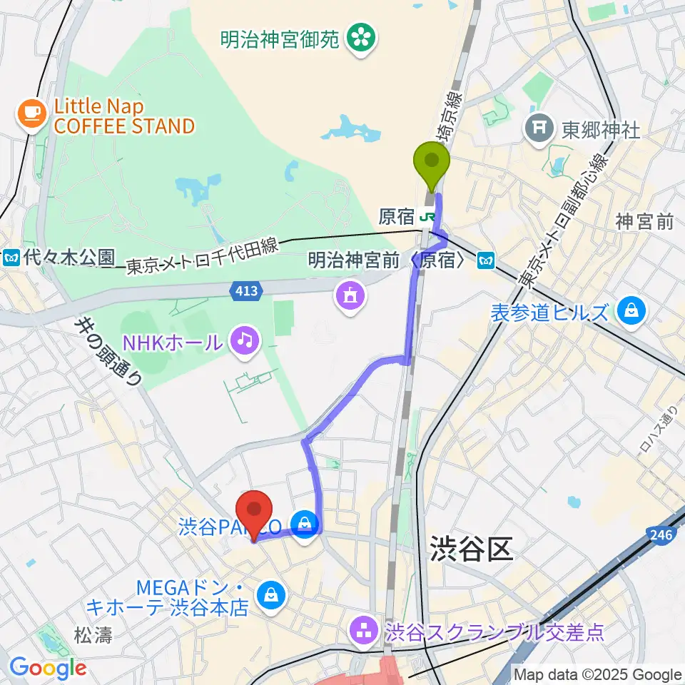 原宿駅からHMV record shop 渋谷へのルートマップ地図